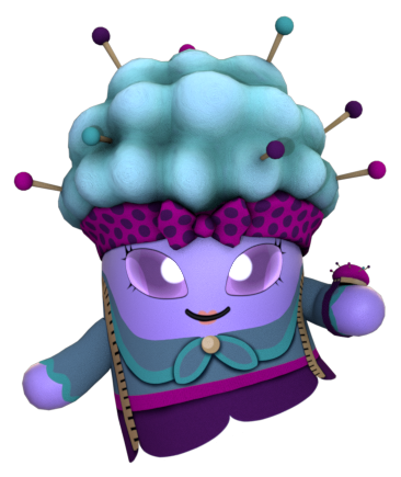 Personnage Booskitos couturière en 3D, évoquant le fil conducteur d’un parcours qui relie plusieurs sites.