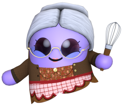 Personnage Booskitos grand-mère cuisinière au tablier vichy et fouet, associé à l’univers Maison Mère à Baie-Saint-Paul.