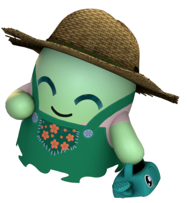 Personnage Booskitos jardinier en 3D, chapeau de paille et arrosoir, sourire complice.