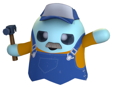 Personnage Booskitos ouvrier en salopette et casquette, marteau à la main, prêt à construire la suite du projet.