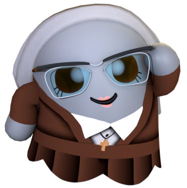 Personnage Booskitos en habit brun et lunettes, évoquant un guide historique pour un château.