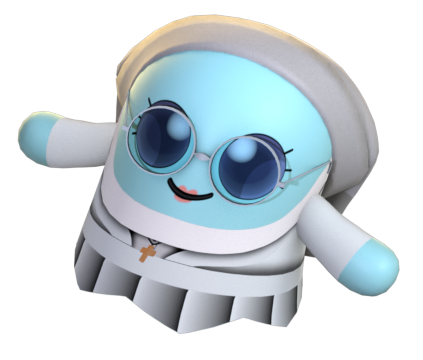 Personnage Booskitos religieuse en habit clair et lunettes rondes, symbole d’un guide patrimonial pour la visite d’un château.