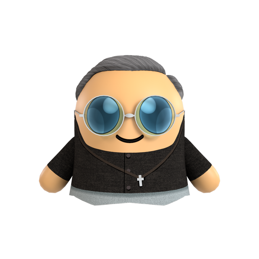 Frère Mollet, personnage Booskitos en 3D issu d’une destination patrimoniale : silhouette arrondie, lunettes rondes, habit clerical gris et petite croix.