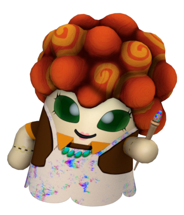 Personnage Booskitos artiste en 3D, aux cheveux orange volumineux, tablier éclaboussé de peinture et pinceau à la main.