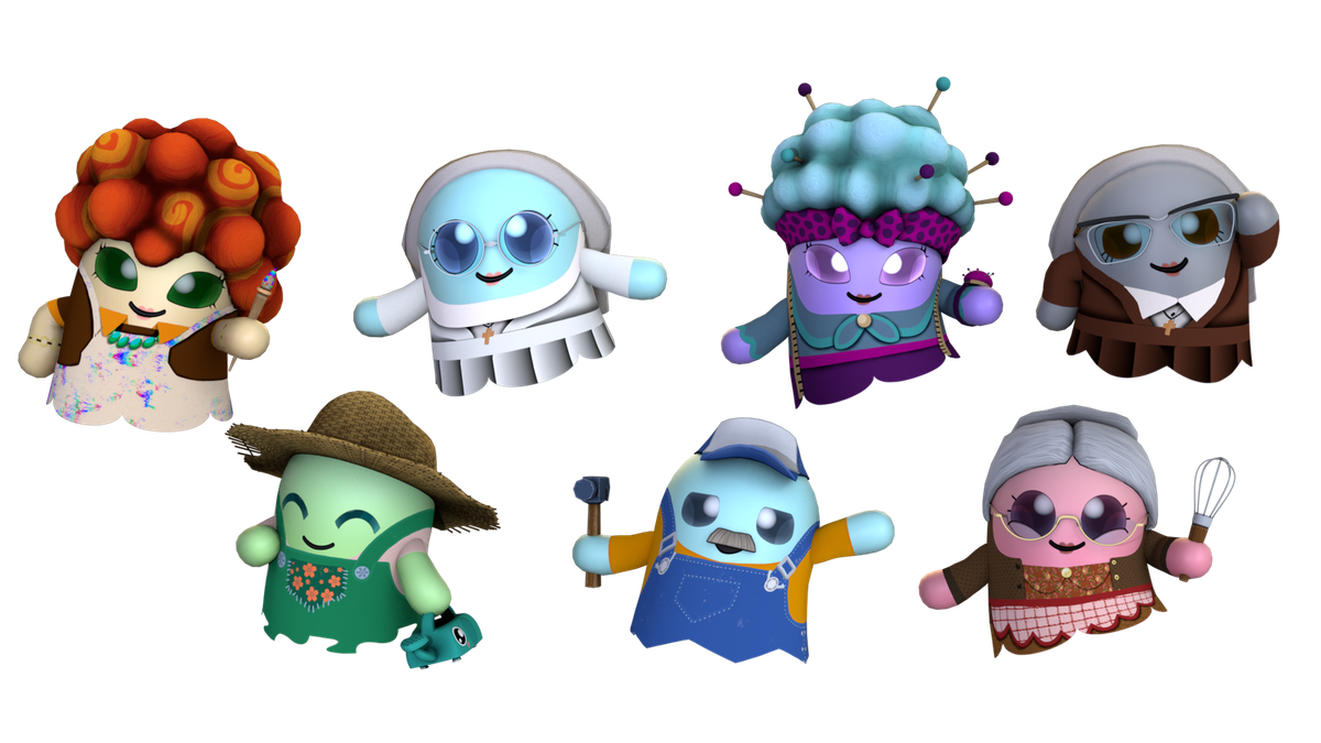 Sept personnages Booskitos en 3D côte à côte sur fond noir : artiste, religieuses, couturière, jardinier, ouvrier et cuisinière — l’univers de la marque.